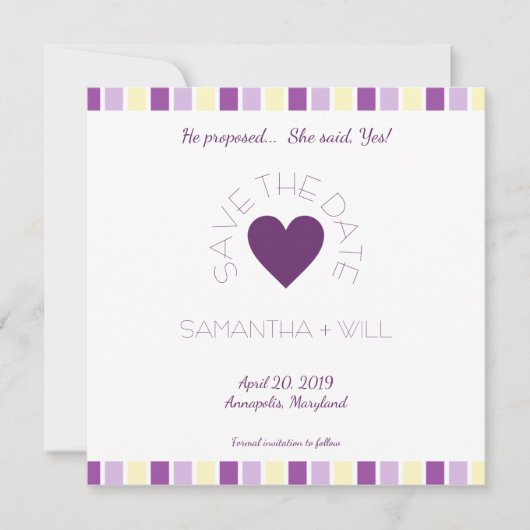 Save The Date Purple Heart Modern and Minimalist Striped Design (Devant)