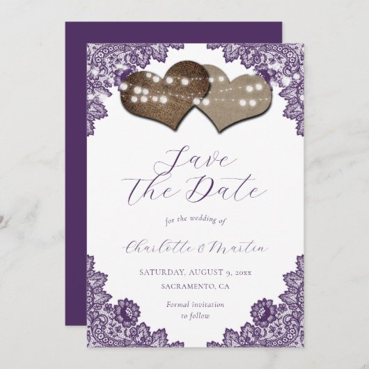 Save The Date Purple Lace Burlap Hearts Rustic Wedding (Devant / Derrière)
