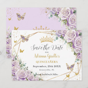 Save The Date Purple Lilac Floral Princess Gold Quinceañera
