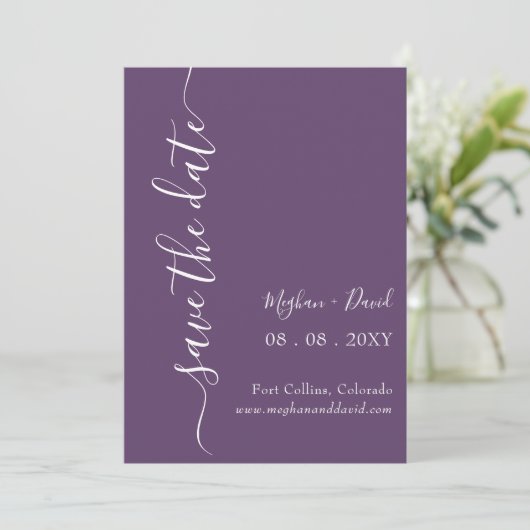 Save The Date Purple Moderne Minimal Simple Élégant (Debout devant)