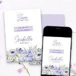Save The Date Purple Peri Girl Floral Mis Quince<br><div class="desc">Quinceanera Enregistrer la carte Date (ou modifier pour convenir à toute autre occasion). Aquarelle design floral avec des fleurs dans les tons violet lavande lilas bleu. Élégant libellé moderne et une atmosphère poilue et veloutée. Veuillez consulter ma collection de fleurs pourpres Peri pour coordonner la papeterie et le décor de...</div>