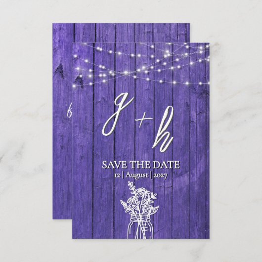 Save The Date Purple Russe Chaîne de bois éclaire Boho Mason Jar (Devant / Derrière)