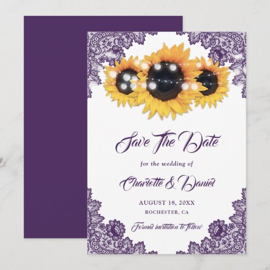 Save The Date Purple Rustic Floral Lace Sunflower Wedding (Devant / Derrière)