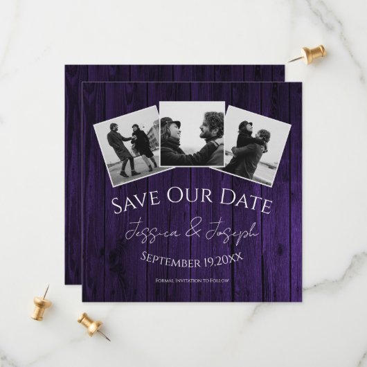 Save The Date Purple Rustic Photo Collage Enregistrer La Date (Devant/Arrière en situation)