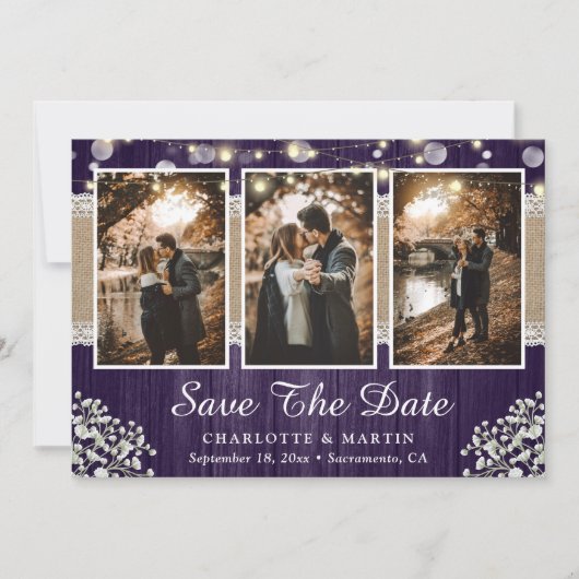Save The Date Purple Rustic Wood Mariage de la respiration de bé (Devant)