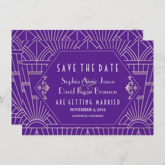 Save The Date Purple Silver Great Gatsby Art Déco Enregistrer La (Devant / Derrière)