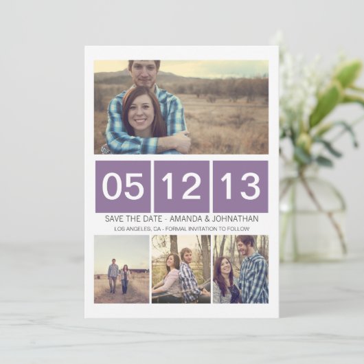 Save The Date Purple Squared Photo Enregistrer La Date Invitatio (Debout devant)