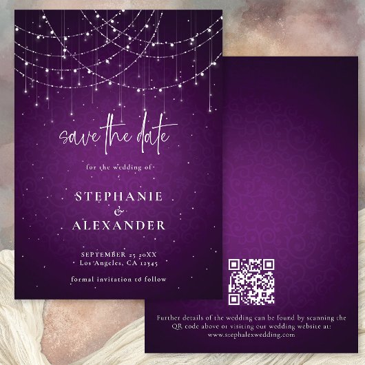Save The Date Purple String Lights QR Code Enregistrer la date