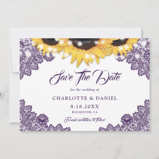 Save The Date Purple Sunflower Floral Lace String Lights Wedding (Devant)