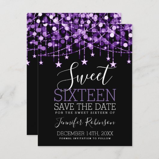 Save The Date Purple Sweet 16 Éclairages À Chaîne Épargne Date (Devant / Derrière)