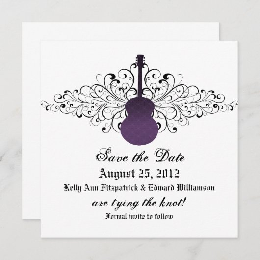 Save The Date Purple Swirls Guitar Enregistrer l'Invitation de d (Devant / Derrière)