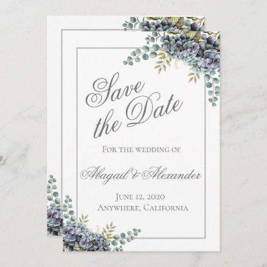 Save The Date Purplish Hydrangeas Eucalyptus Enregistrer La Cart (Devant / Derrière)