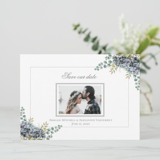 Save The Date Purplish Hydrangeas Eucalyptus Photo Enregistrer L (Debout devant)