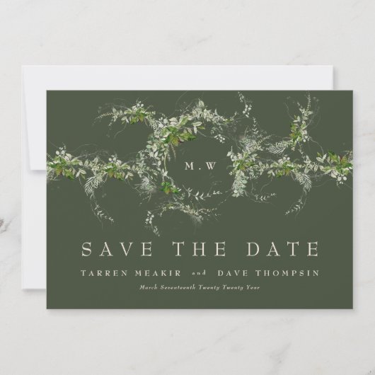 Save The Date QR Code AUCUNE PHOTO Eucalyptus Monogramme Vert (Devant)