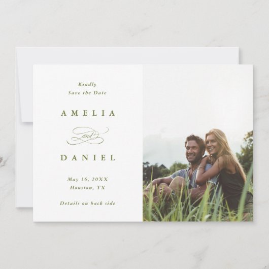 Save The Date QR code Modern Photo Mariage Olive Green (Devant)