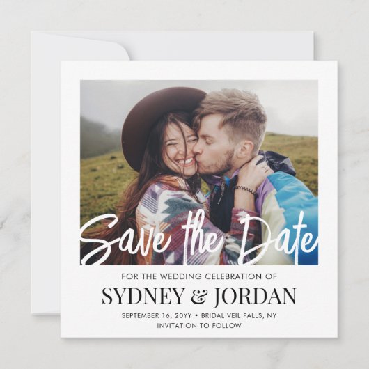 Save The Date QR Code Modern Script Photo Overlay Carré Mariage (Devant)