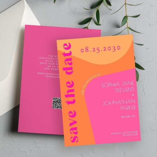 Save The Date QR code moderne rétro super orange rose mariage