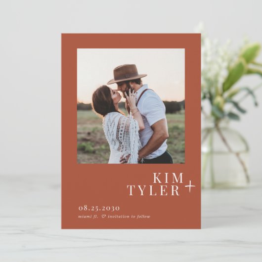 Save The Date QR CODE simple moderne photo coucher de soleil mar (Debout devant)