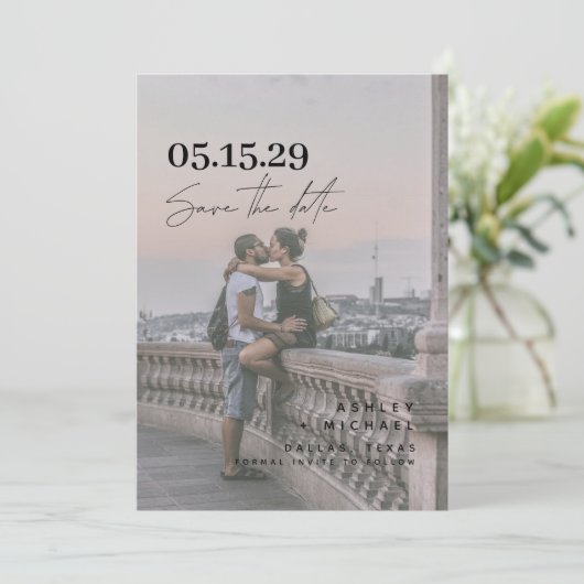 Save The Date QR Code Vellum Overlay Modern Script 2 Photo (Debout devant)