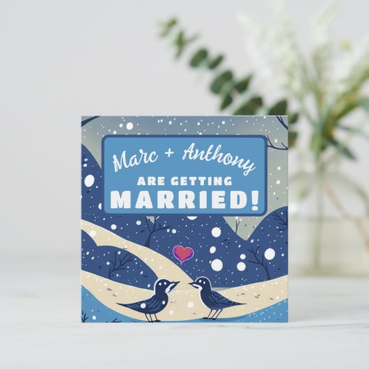 Save The Date Quelque Chose de Bleu Oiseaux d'Hiver Amour Mariag (Debout devant)