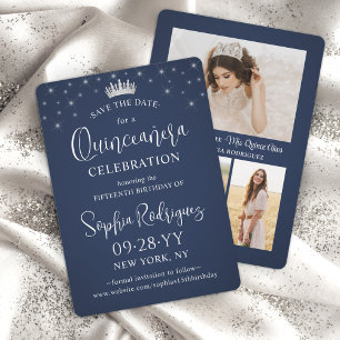 Save The Date Quinceañera 3 Collage de photos Élégant Bleu Nuit