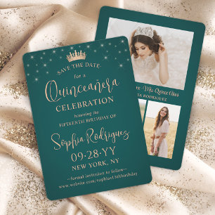 Save The Date Quinceañera 3 Collage de photos Rose Gold et Vert