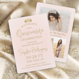 Save The Date Quinceañera 3 Collage Photo Chic Rose Pâle & Or