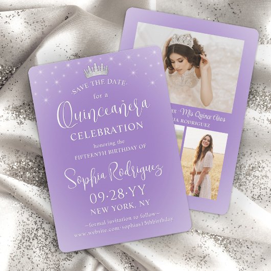 Save The Date Quinceañera 3 Photo Collage Elegant Lilac Purple