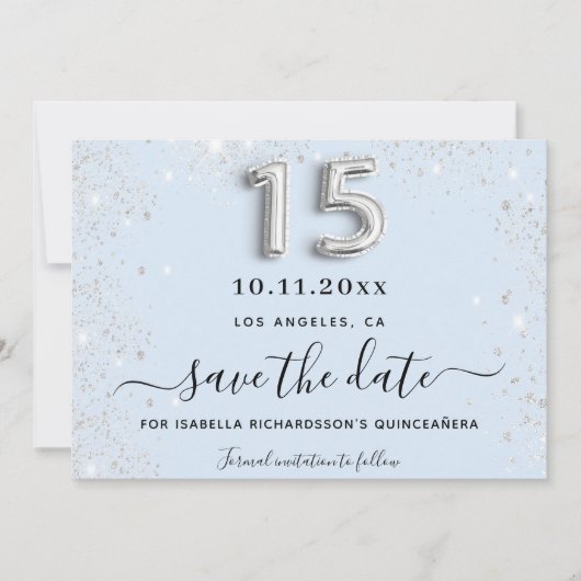 Save The Date Quinceanera bébé bleu argent parties scintillant (Devant)