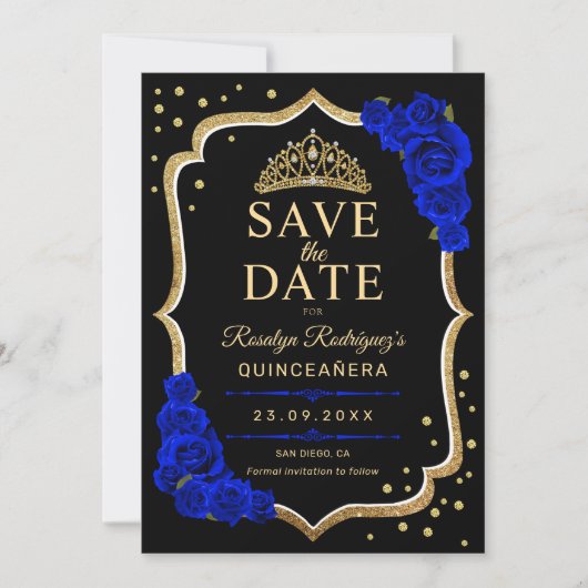 Save The Date Quinceanera Black Gold Royal Blue (Devant)