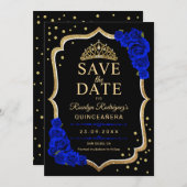 Save The Date Quinceanera Black Gold Royal Blue (Devant / Derrière)