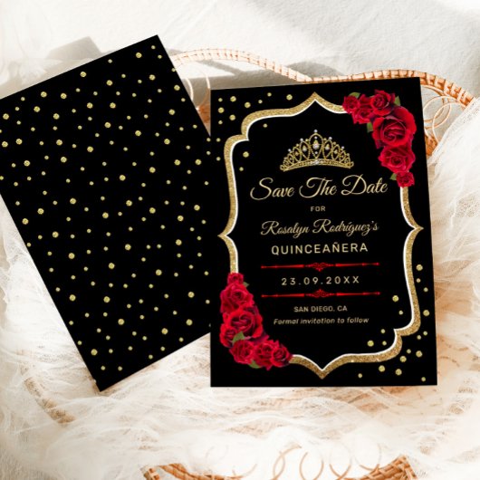 Save The Date Quinceanera - Black Red Gold