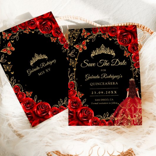 Save The Date Quinceanera Black Red Gold