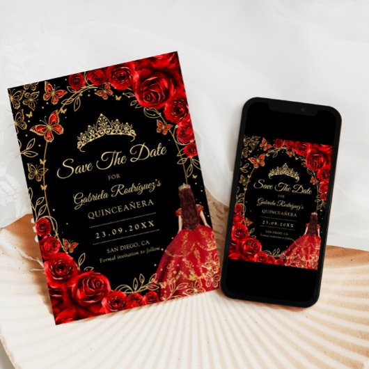 Save The Date Quinceanera Black Red Gold