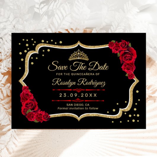 Save The Date Quinceanera Black Red Gold Floral