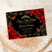 Save The Date Quinceanera Black Red Roses Gold