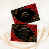 Save The Date Quinceanera Black Red Roses Gold