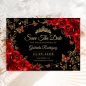 Save The Date Quinceanera Black Red Roses Gold