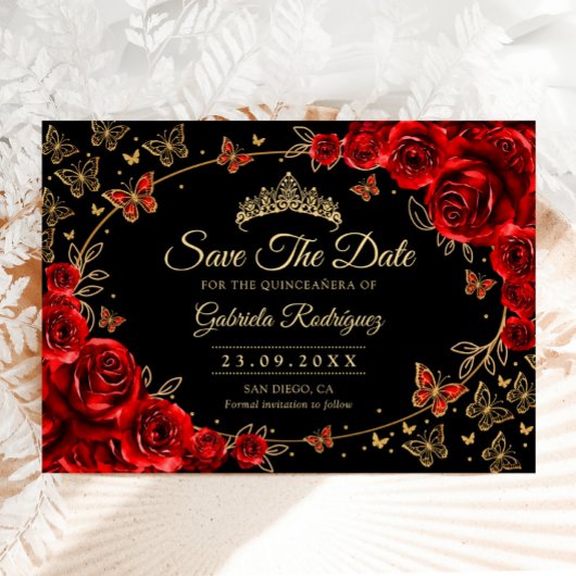 Save The Date Quinceanera Black Red Roses Gold