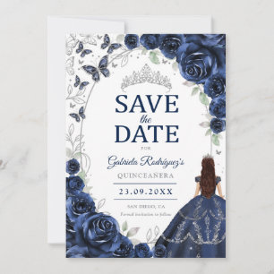 Save The Date Quinceanera Bleu Marine Argent Floral
