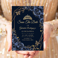 Quinceanera Bleu Marine Or Floral Papillon