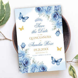 Save The Date Quinceañera Blue Floral Gold Butterfly Tiara