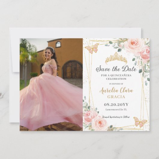 Save The Date Quinceañera Blush Rose Rose Floral Butterfly Photo (Devant)