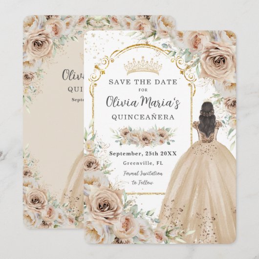 Save The Date Quinceañera Champagne Crème beige Florale Princess (Devant / Derrière)