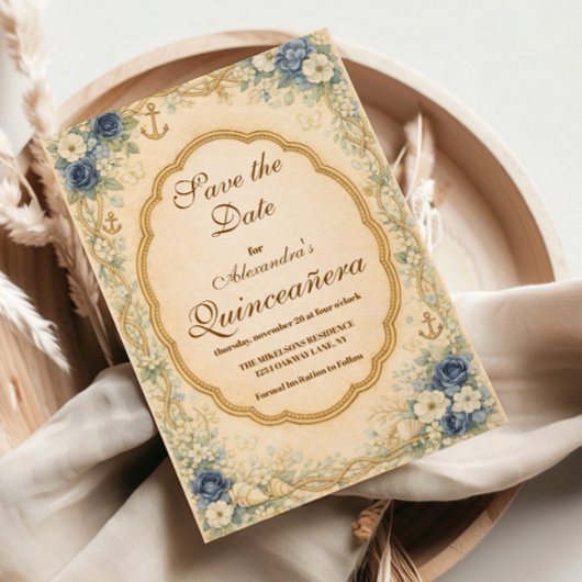 Save The Date Quinceañera Côtière Vintage Navy