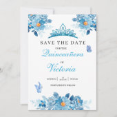 Save The Date Quinceañera couronne Baby Blue Floral Papillons (Devant)
