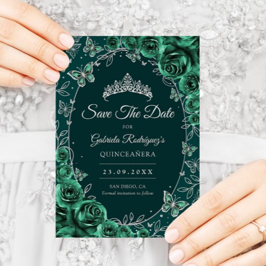 Save The Date Quinceanera d'argent vert émeraude