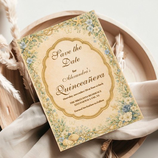 Save The Date Quinceañera de jardin côtier vintage