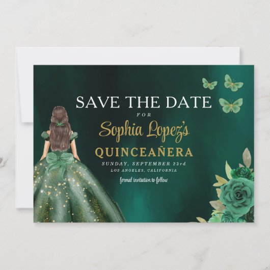 Save The Date Quinceanera d'or vert émeraude (Devant)