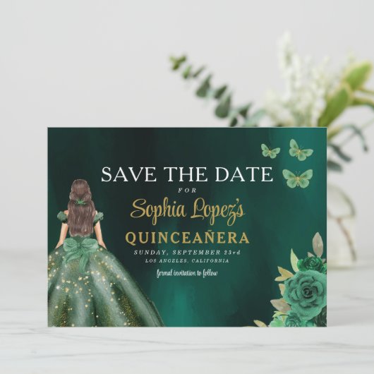 Save The Date Quinceanera d'or vert émeraude (Debout devant)